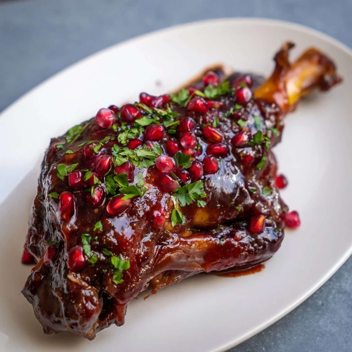 Golden-braised lamb shanks glistening with a tangy pomegranate glaze, garnished with vibrant seeds and herbs on a rustic platter.