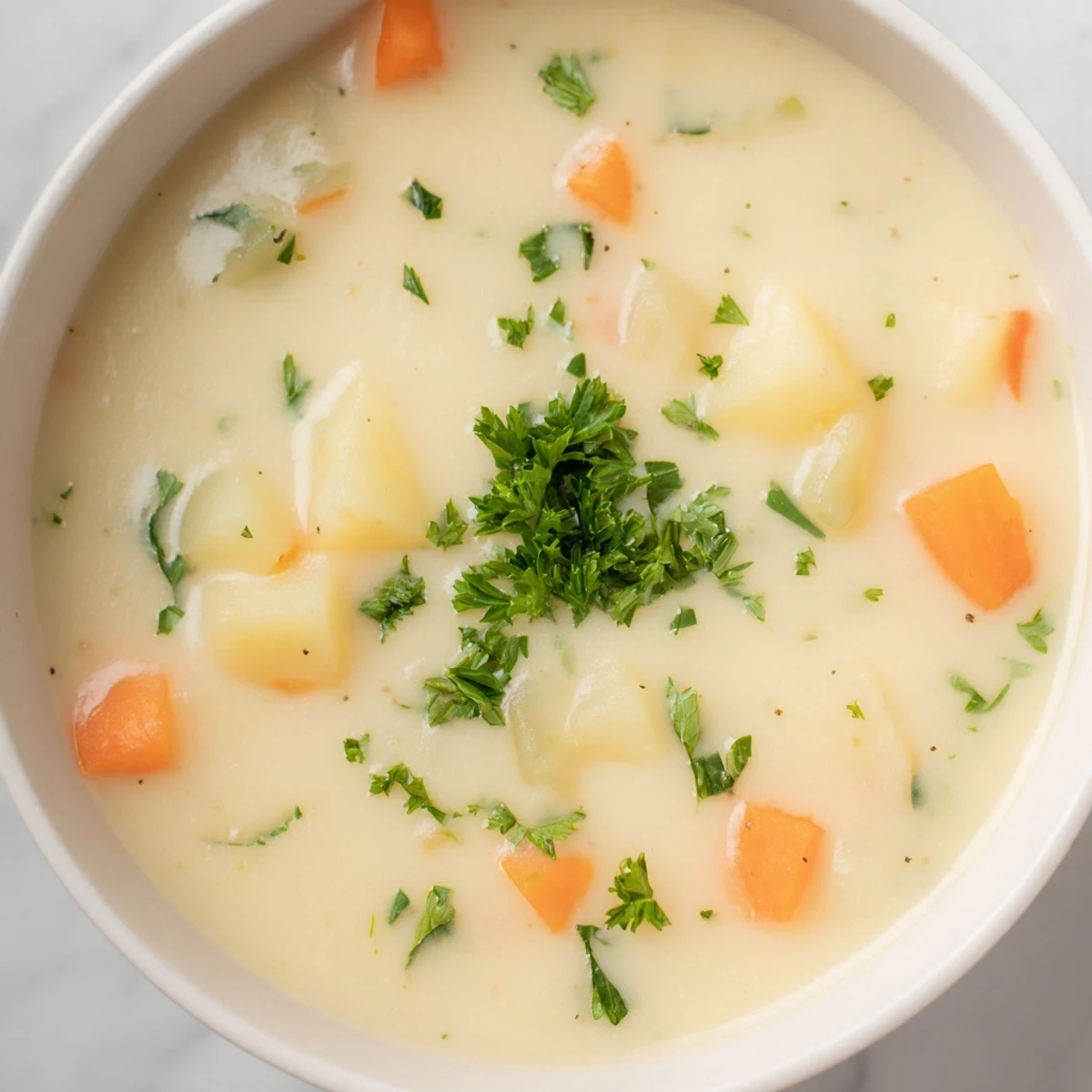Smooth, creamy Irish Root Soup with Carrots and Parsnips in a white bowl, garnished with fresh parsley and a slice of crusty bread.