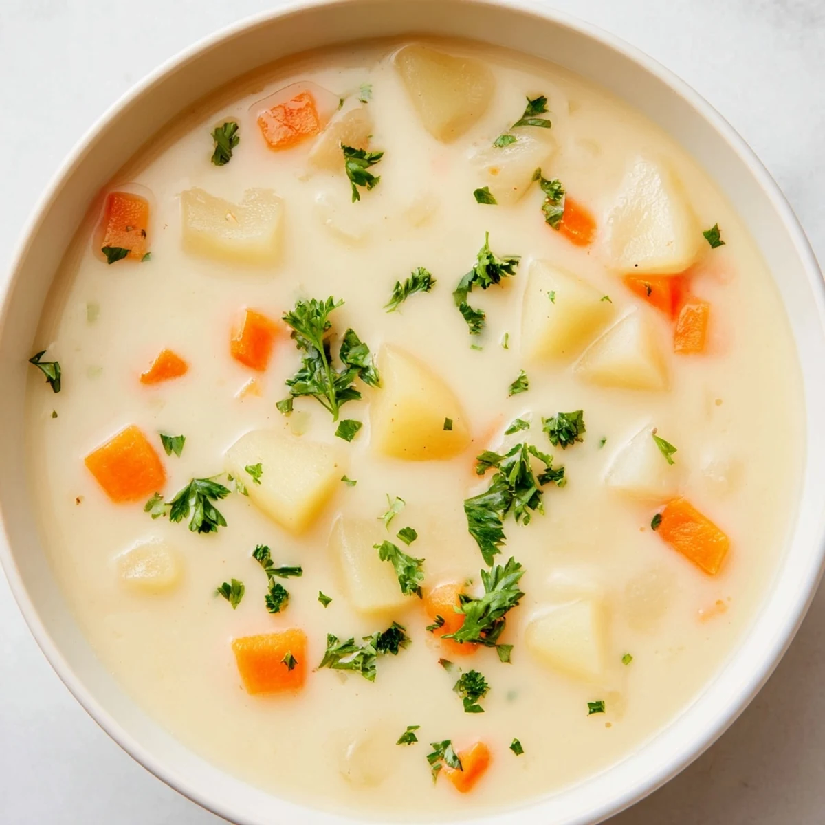 Rustic bowl of Irish Root Soup with Carrots and Parsnips beside a sliced baguette, perfect for a cozy vegetarian meal.