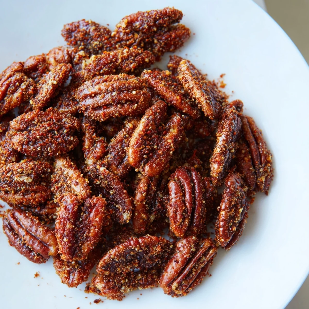 A close-up view highlights these crispy Cajun spiced pecans, seasoned with smoked paprika and cayenne, ready for snacking or salads.  