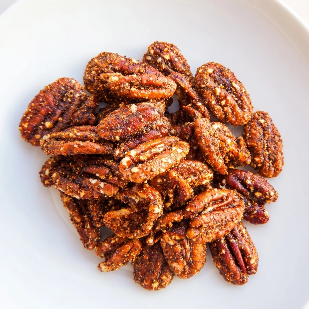 Golden brown Cajun spiced pecans glisten on a rustic wooden cutting board, showcasing their bold, savory coating and toasted crunch.  
