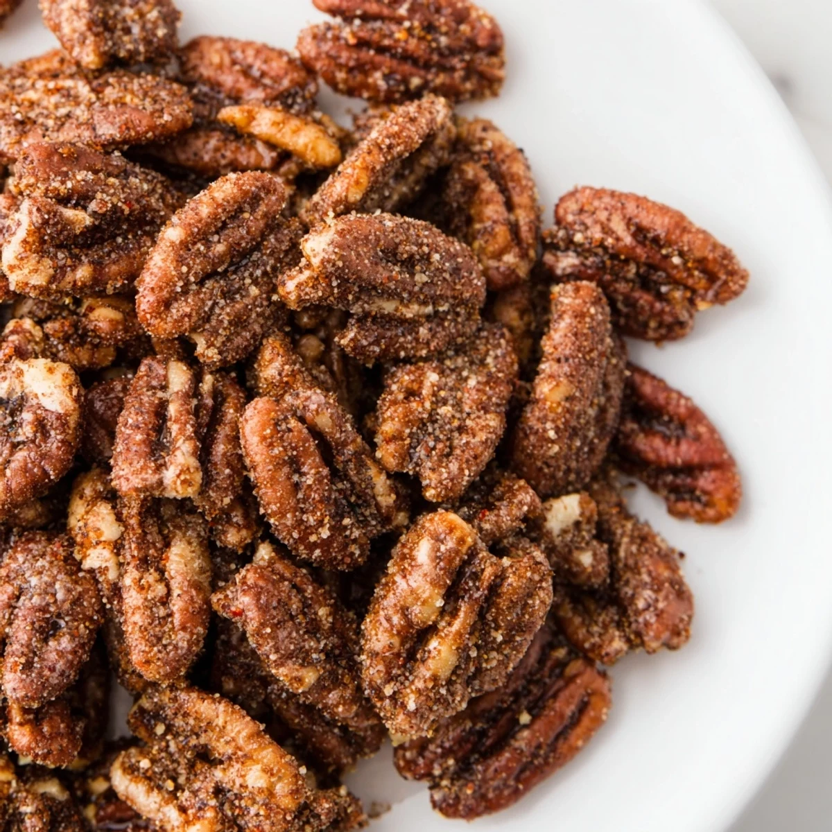 A generous pile of freshly baked Cajun spiced pecans rests on parchment paper, radiating warm, aromatic Southern charm.