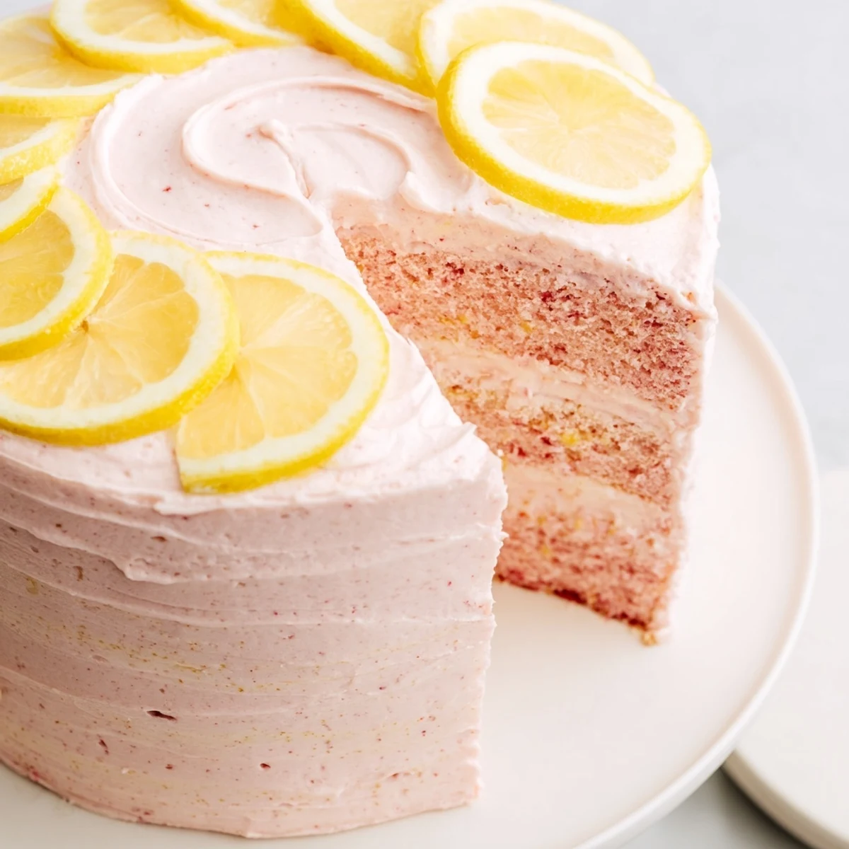 A freshly frosted Pink Lemonade Layer Cake with swirls of pale pink buttercream and lemon zest on top.