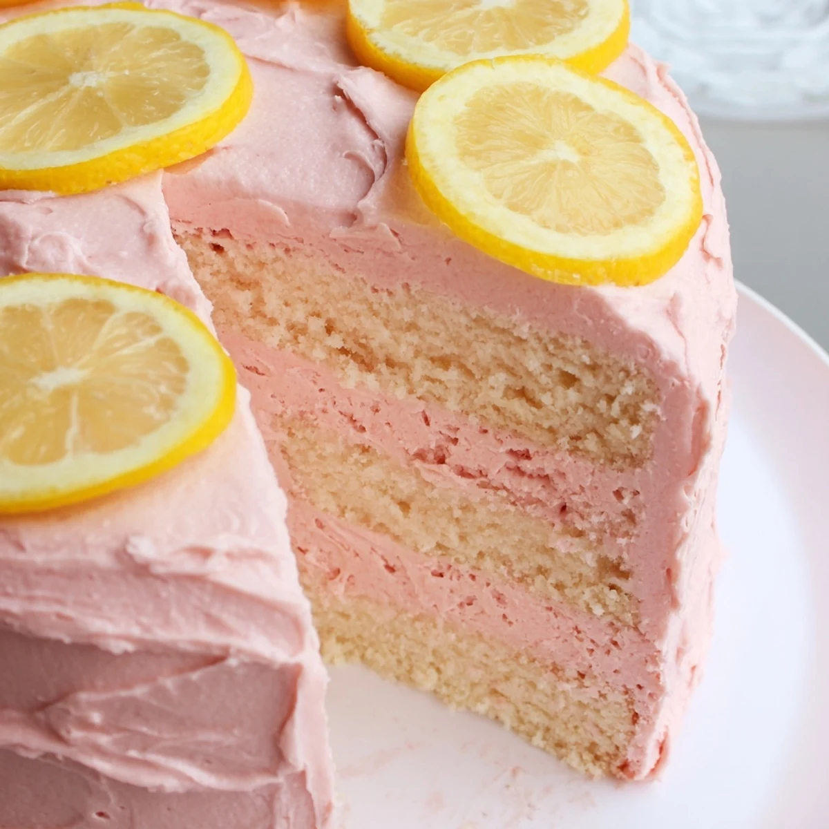 A slice of Pink Lemonade Layer Cake reveals fluffy sponge and tangy lemon buttercream, perfect for a summer party.