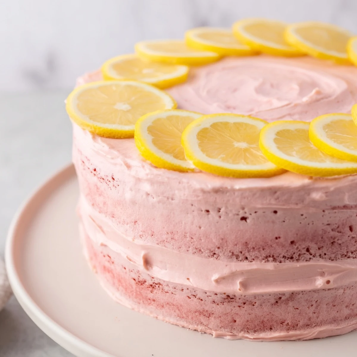 Perfectly layered Pink Lemonade Layer Cake with three tiers of pink sponge and smooth frosting, ready to serve.