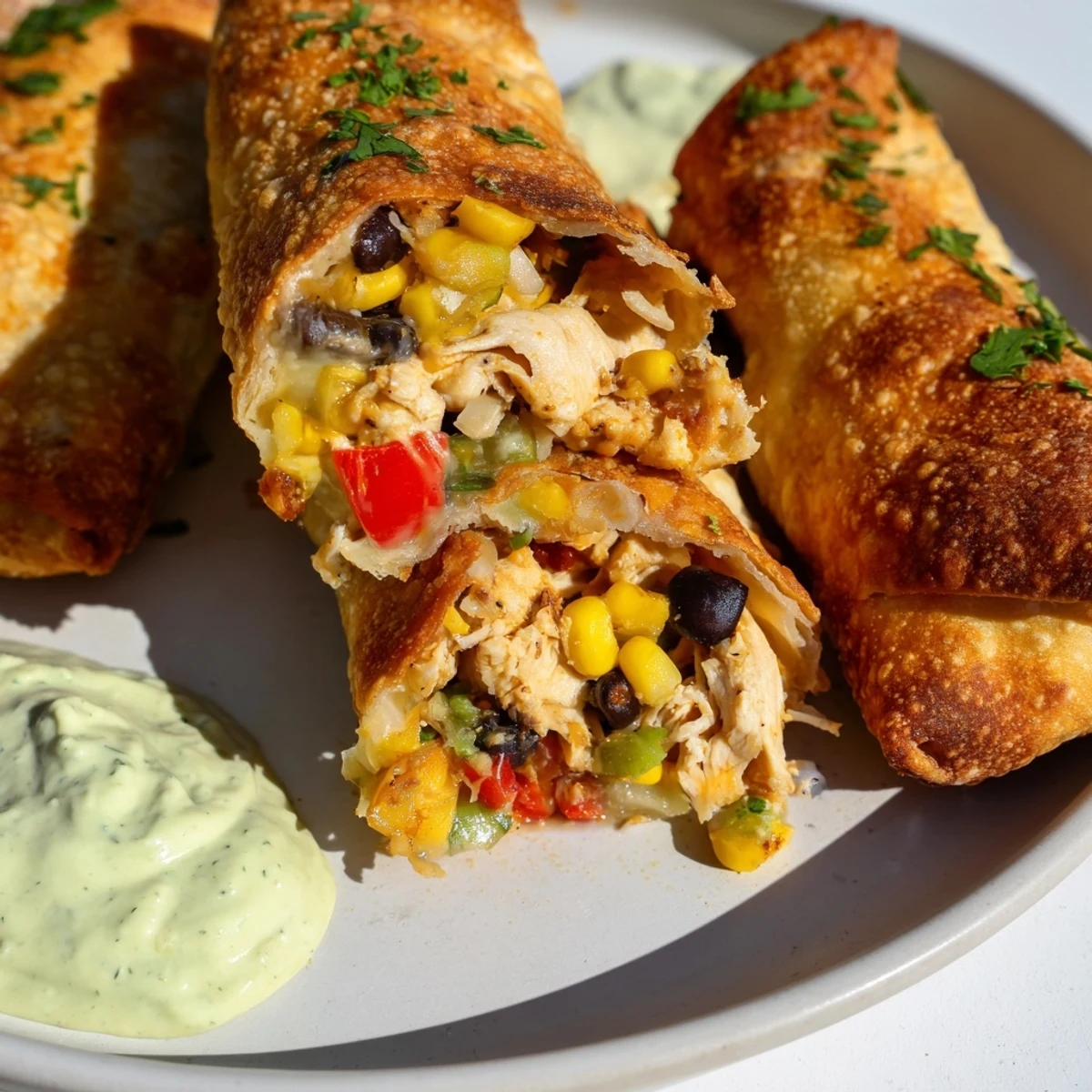 Golden-baked Super Bowl Southwest Egg Rolls with creamy avocado ranch dip, served hot on a platter for game day.  