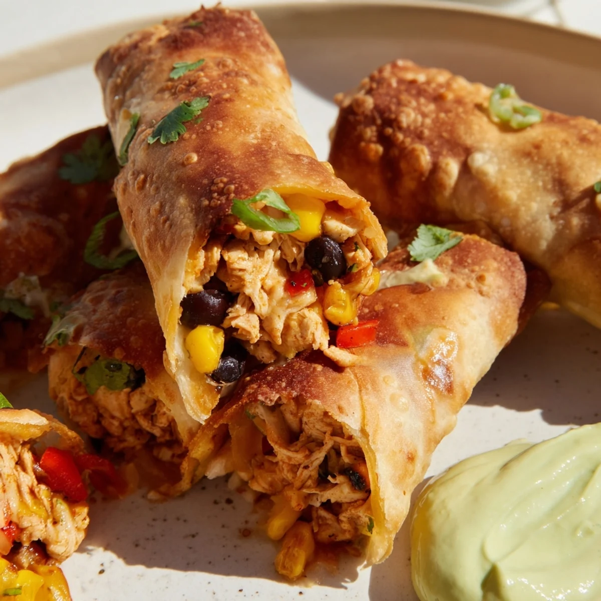 Crispy fried Super Bowl Southwest Egg Rolls beside a bowl of green avocado ranch dip, garnished with cilantro.  