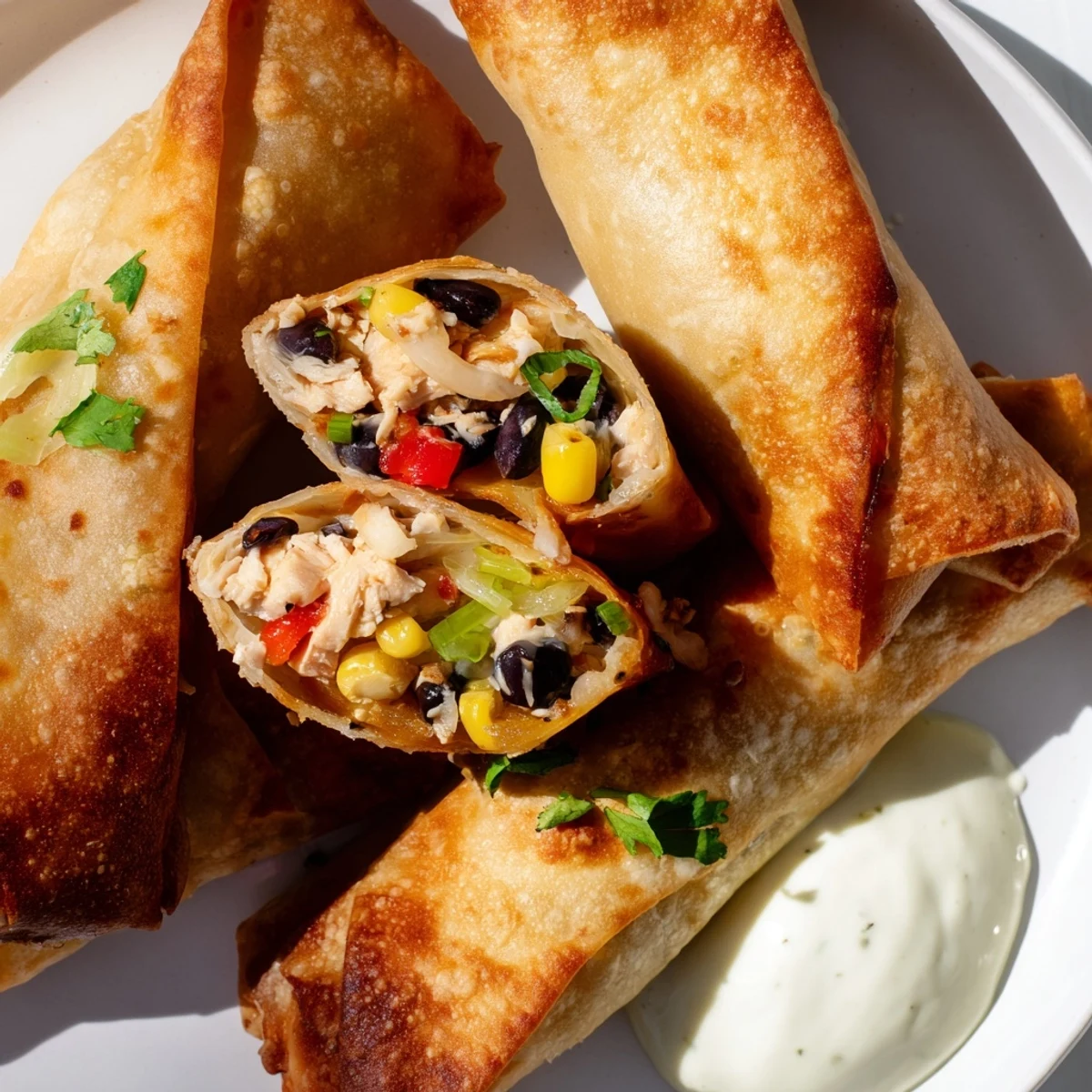 Fresh Super Bowl Southwest Egg Rolls with visible filling of chicken and beans, paired with a zesty dip.