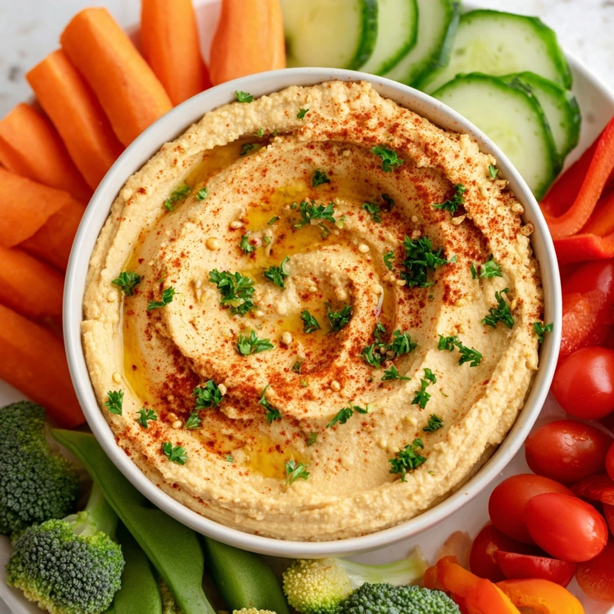 Bright red cherry tomatoes, crisp green cucumbers, and colorful bell peppers surround a creamy bowl of Touchdown Veggie Platter with Hummus.