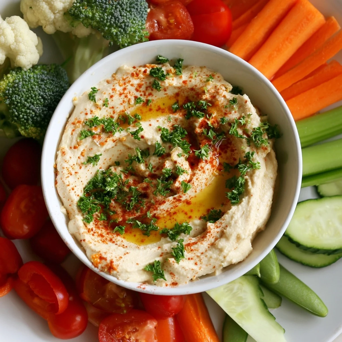 An overhead view of a Touchdown Veggie Platter with Hummus, featuring fresh broccoli, carrots, and snap peas ready for dipping.