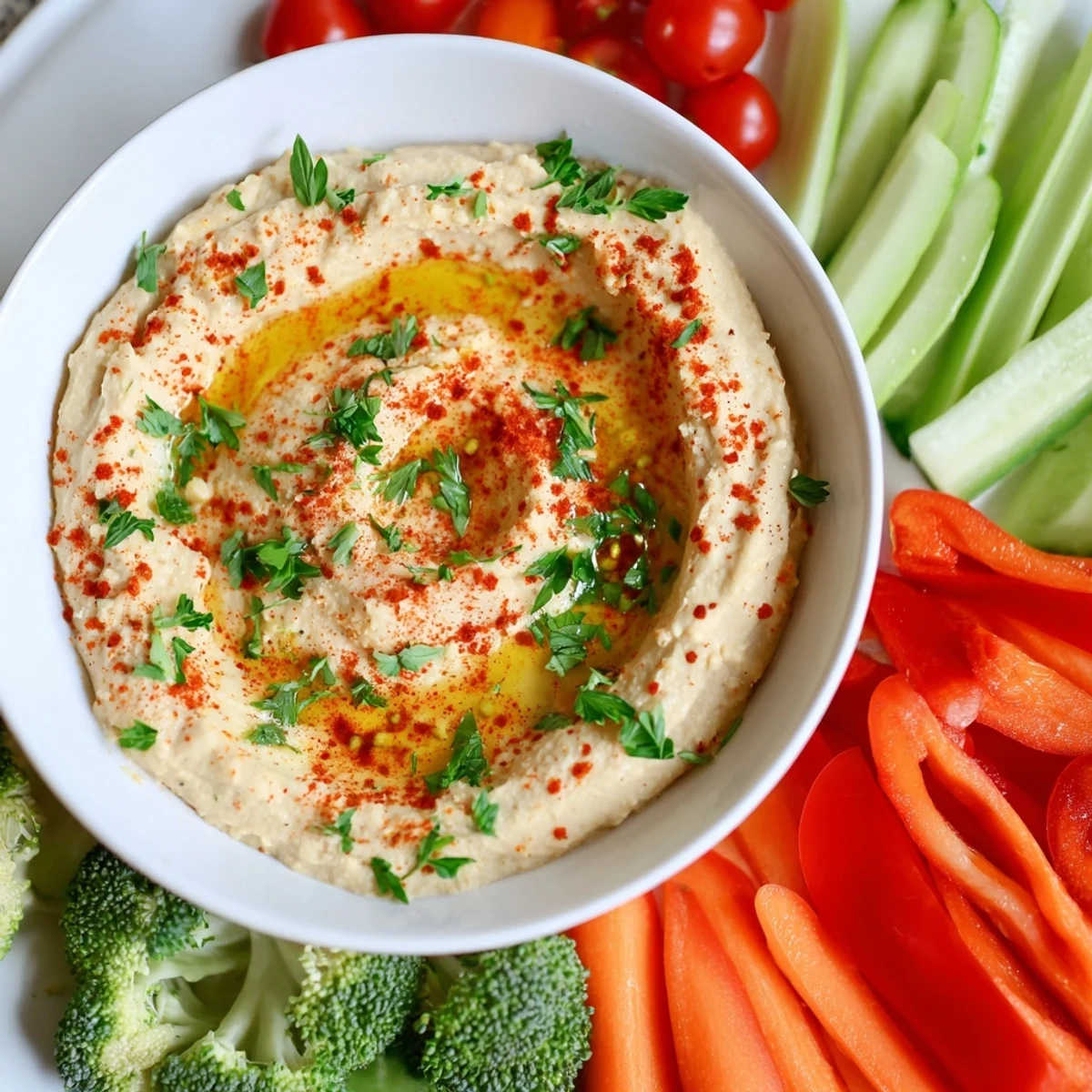 A close-up of the creamy hummus garnished with smoked paprika and parsley, paired with the vibrant vegetable board for a healthy snack.