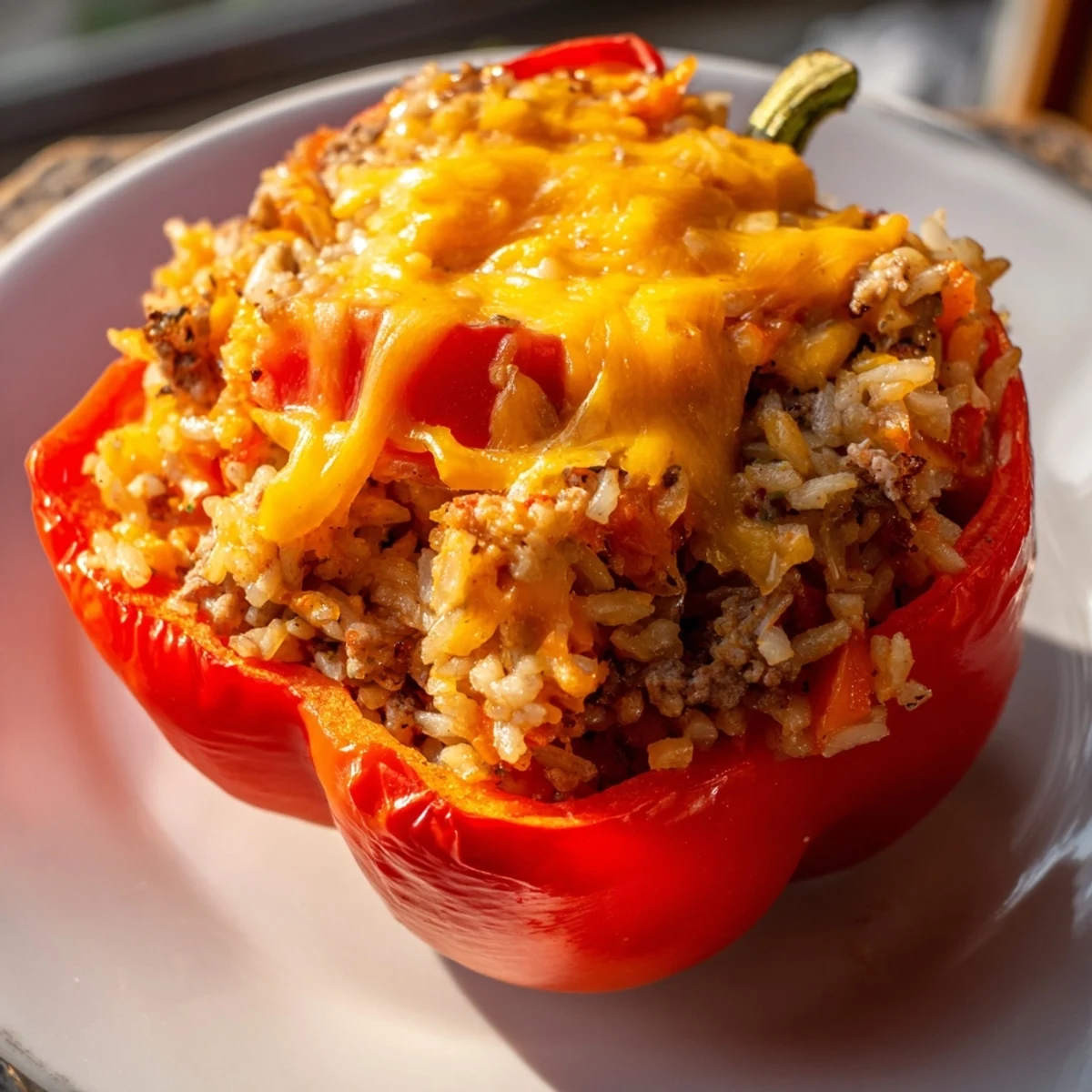 Golden-brown Creole stuffed peppers filled with savory sausage and rice, garnished with fresh herbs and ready to serve.