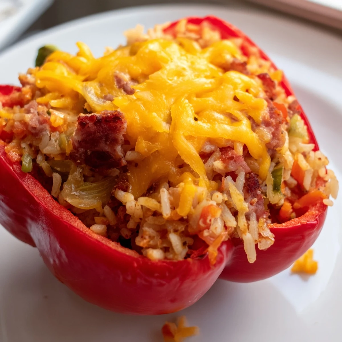 A close-up view of Creole stuffed peppers, showing the tender bell peppers and flavorful filling with melted cheese topping.