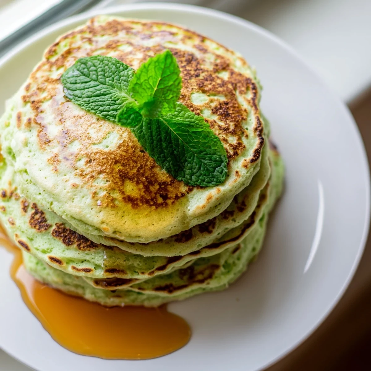 Fluffy Shamrock Green Pancakes served warm with whipped cream and a drizzle of sweet maple syrup.