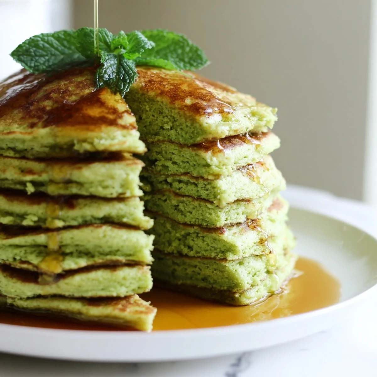 Golden-edged Shamrock Green Pancakes on a plate, a festive St. Patrick's Day breakfast with syrup.