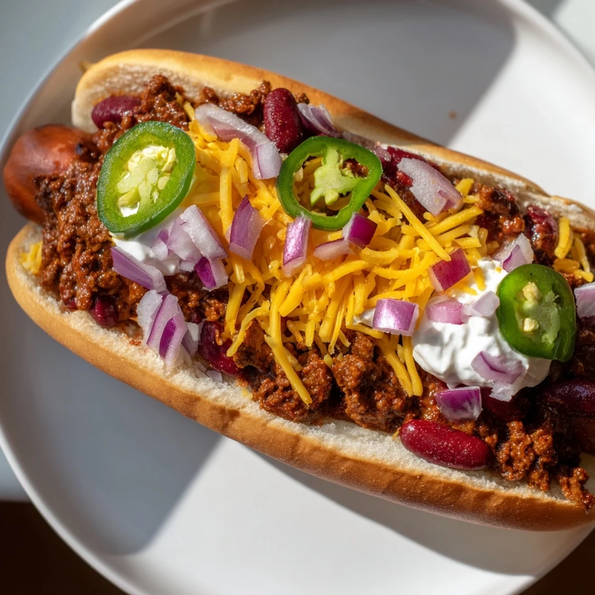 Sizzling beef franks and hearty chili fill warm buns, topped with cheese, onions, and jalapeños in this game day Tailgate Chili Dog Bar.  
