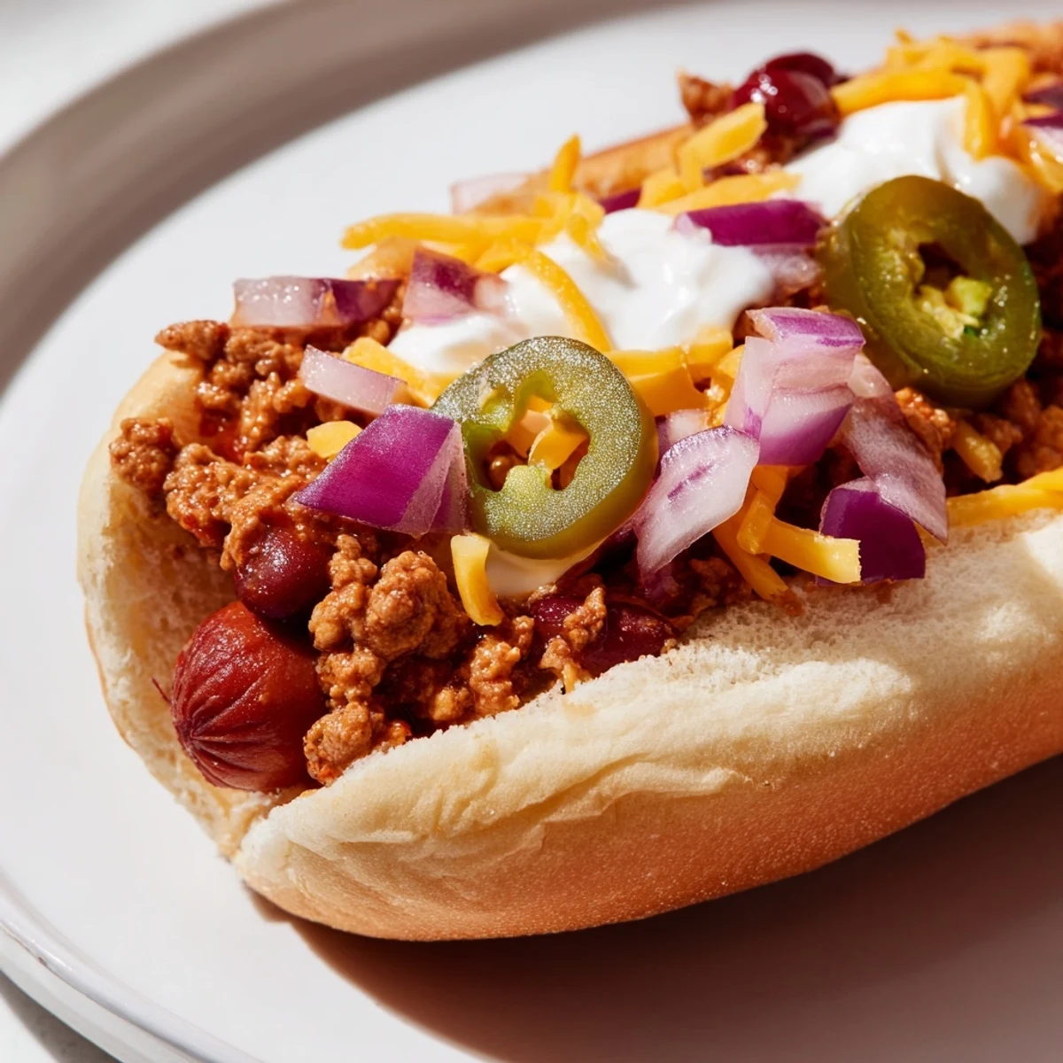 A close-up shows colorful bowls of toppings—cheddar, sour cream, mustard, and relish—around loaded Tailgate Chili Dog Bar buns.  