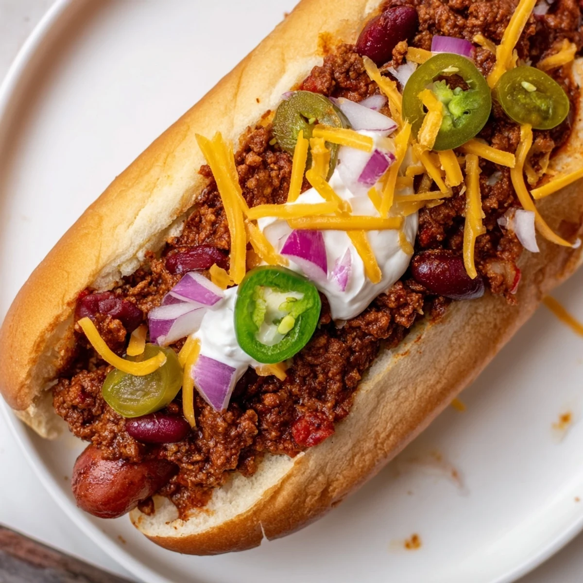 Juicy beef franks nestled in soft buns, generously piled with smoky chili and a rainbow of fresh toppings for a Tailgate Chili Dog Bar.