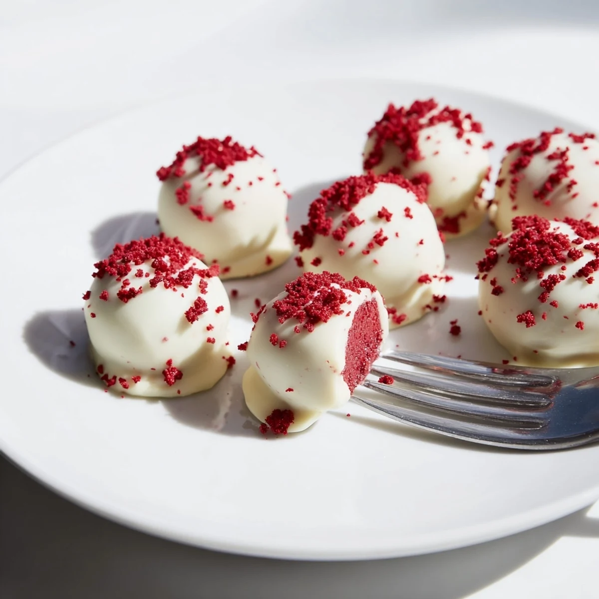 Creamy red velvet truffles dipped in white chocolate with a velvety crumb, ready to serve at festive gatherings.  