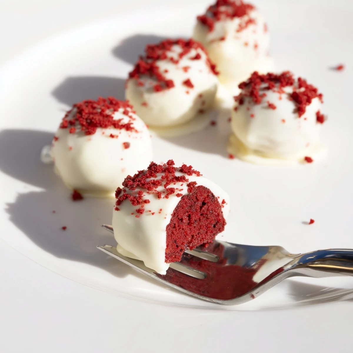 Four glossy red velvet truffles with cream cheese filling, arranged on a serving platter for a sweet dessert treat.