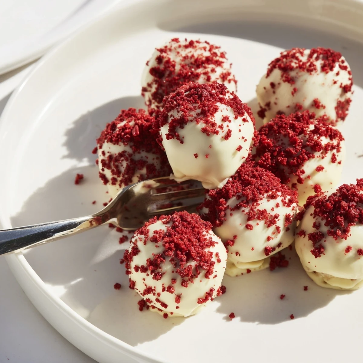 A close-up view of rich red velvet truffles, showcasing their smooth white chocolate coating and moist crumb interior.  