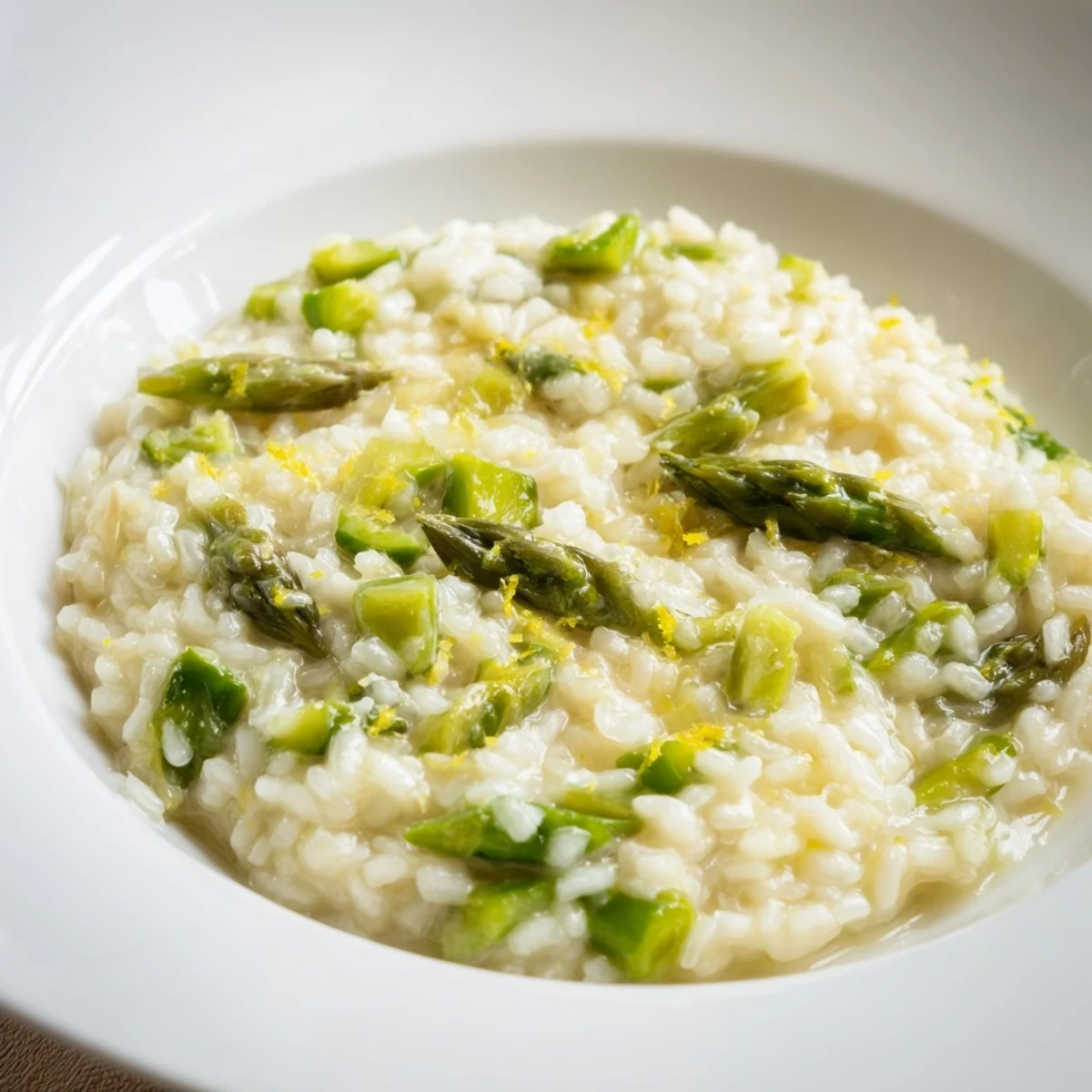 Creamy Date Night Risotto with Asparagus steaming in a bowl, garnished with lemon zest and extra Parmesan.