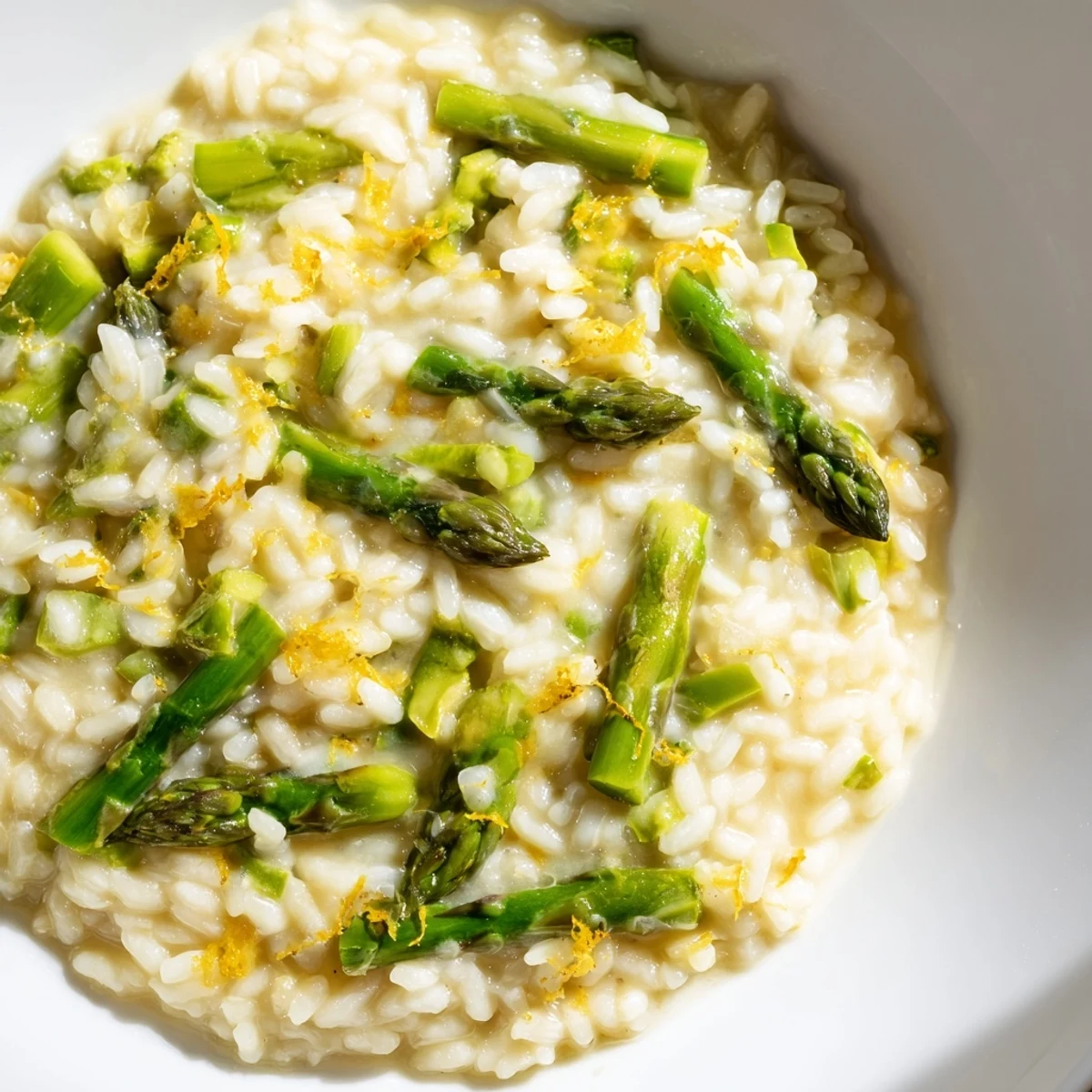 Date Night Risotto with Asparagus topped with fresh Parmesan, bright asparagus pieces, and a golden buttery sheen.