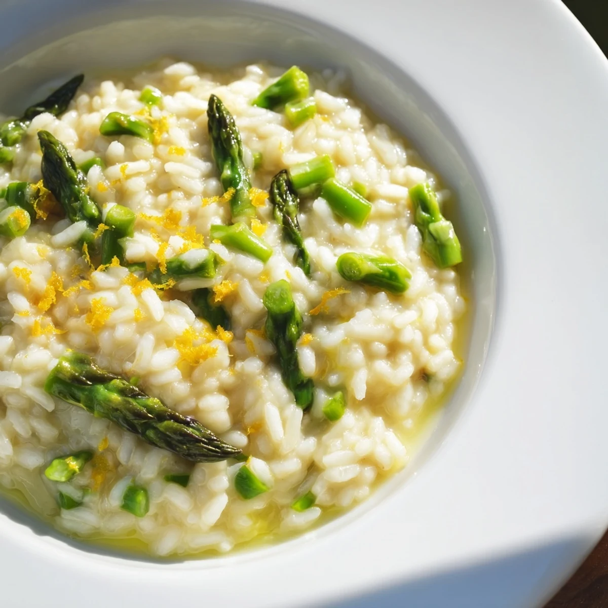 Risotto with Asparagus and Parmesan served in a romantic setting, ready to enjoy with a glass of white wine.