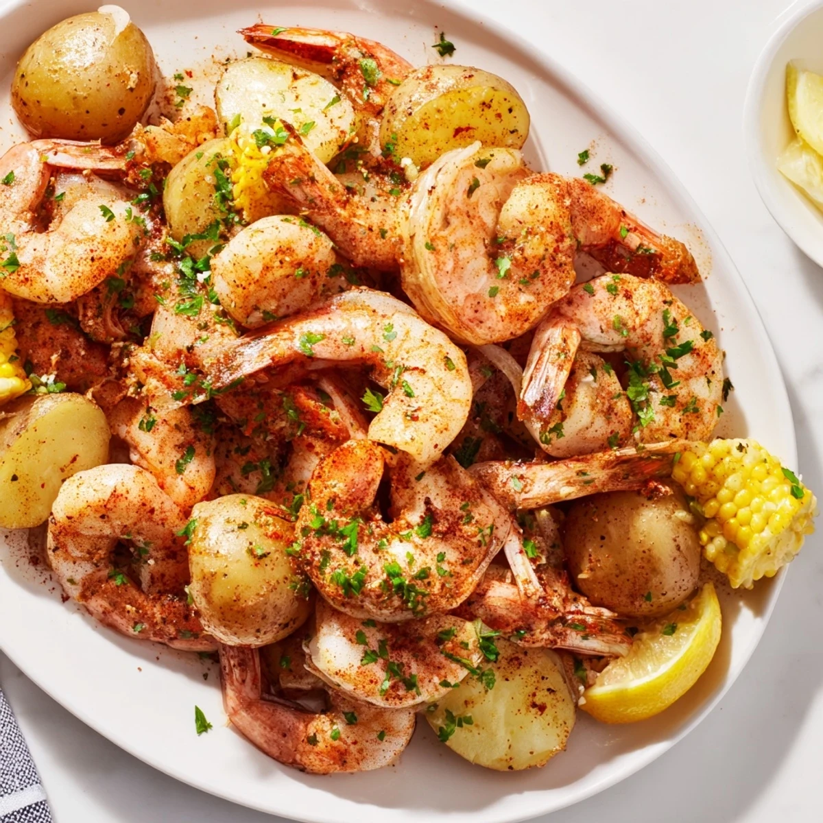 Sheet Pan Shrimp Boil with Corn and Potatoes features roasted shrimp, baby potatoes, and corn on a baking sheet.