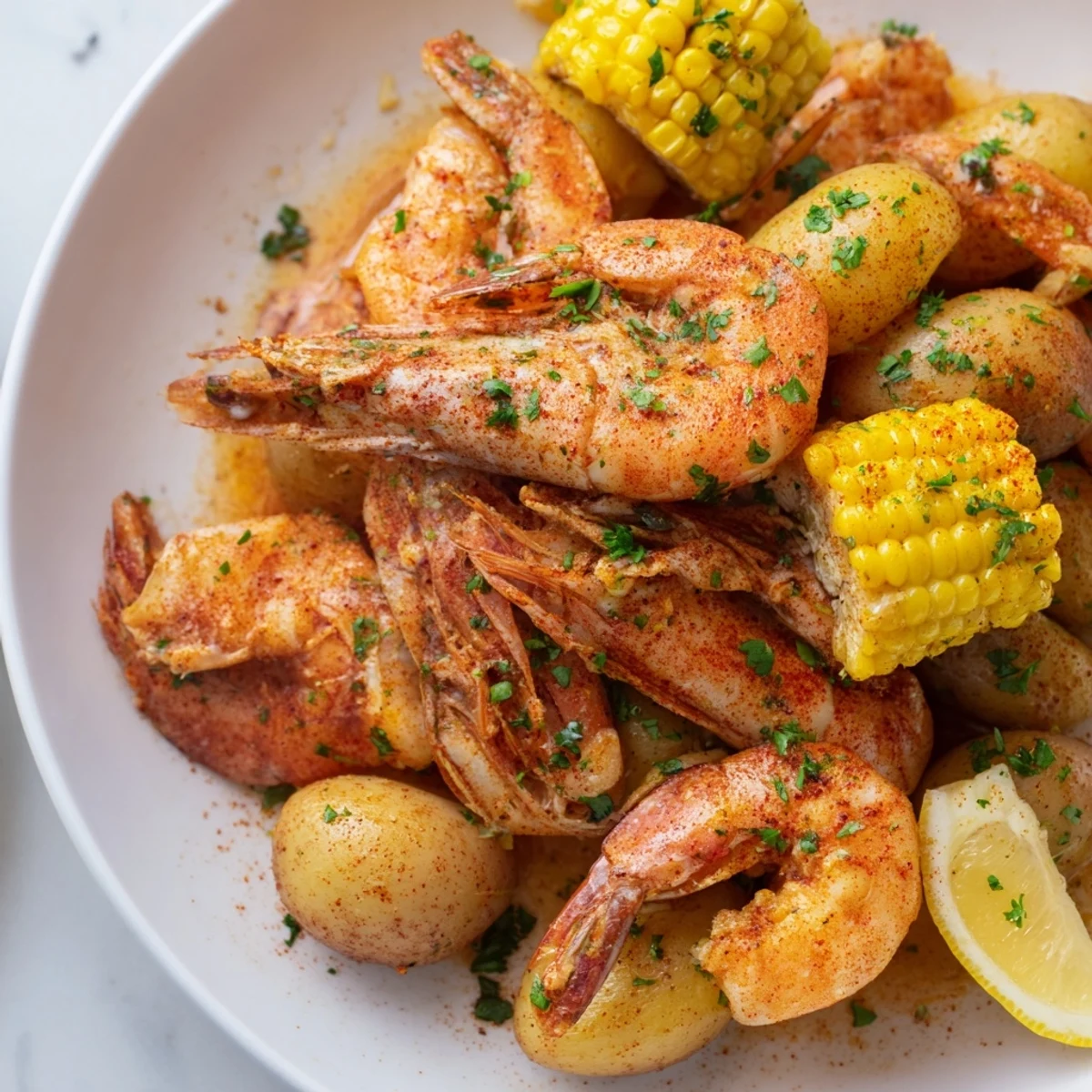 A hearty, steamy Sheet Pan Shrimp Boil with Corn and Potatoes ready to serve with lemon wedges.
