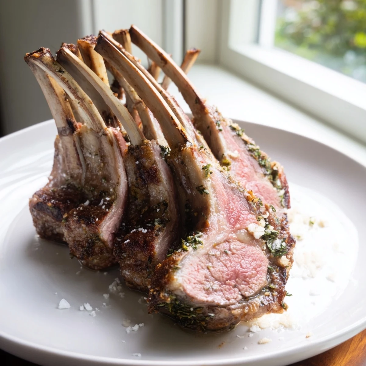 A beautifully roasted rack of lamb coated in fresh garlic and herbs, sliced to show a tender pink center.