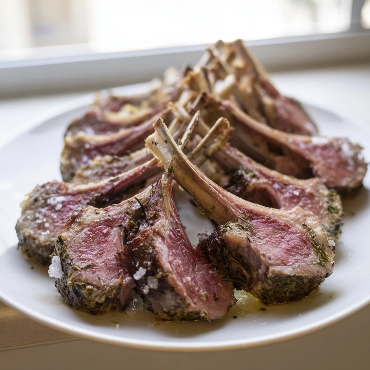A close-up of juicy garlic herb roasted rack of lamb, glistening with olive oil and fresh rosemary sprigs.