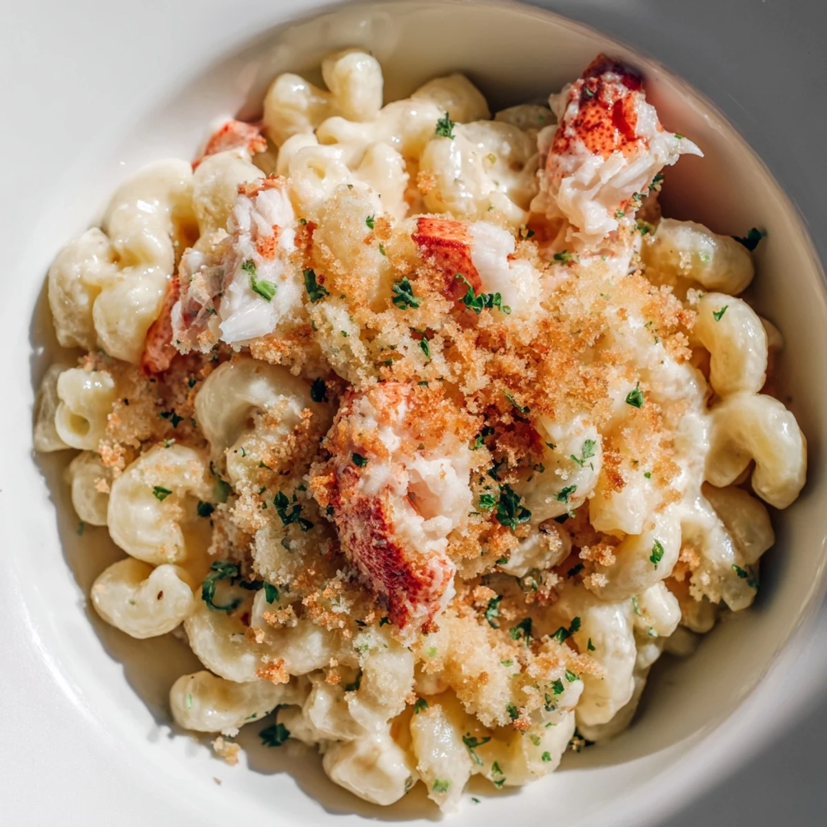 Creamy Lobster Macaroni and Cheese with a golden, crunchy breadcrumb topping served in a rustic baking dish.
