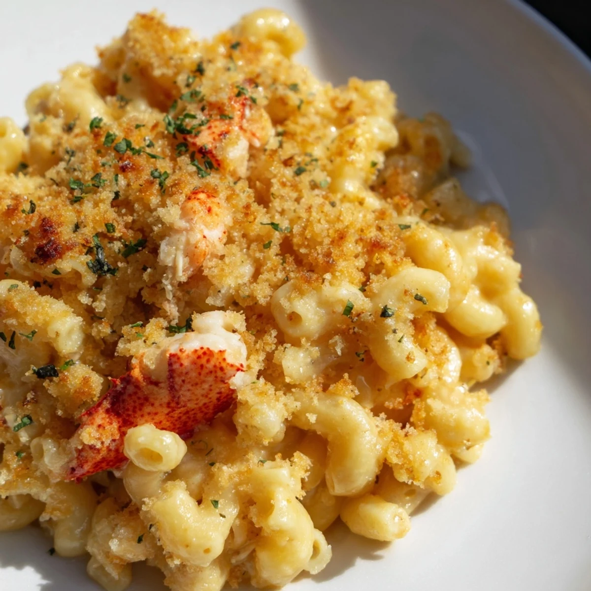 Golden brown Lobster Macaroni and Cheese bubbling in a dish, topped with fresh parsley and buttery breadcrumbs.