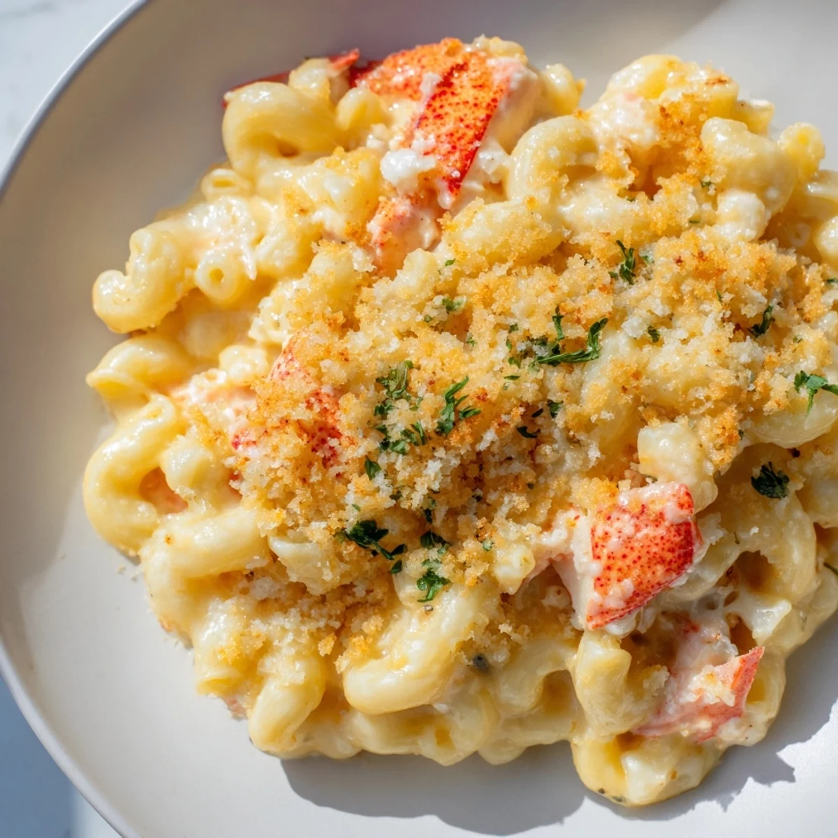 Indulgent Lobster Macaroni and Cheese featuring tender lobster chunks mixed with elbow macaroni in a rich, cheesy sauce.