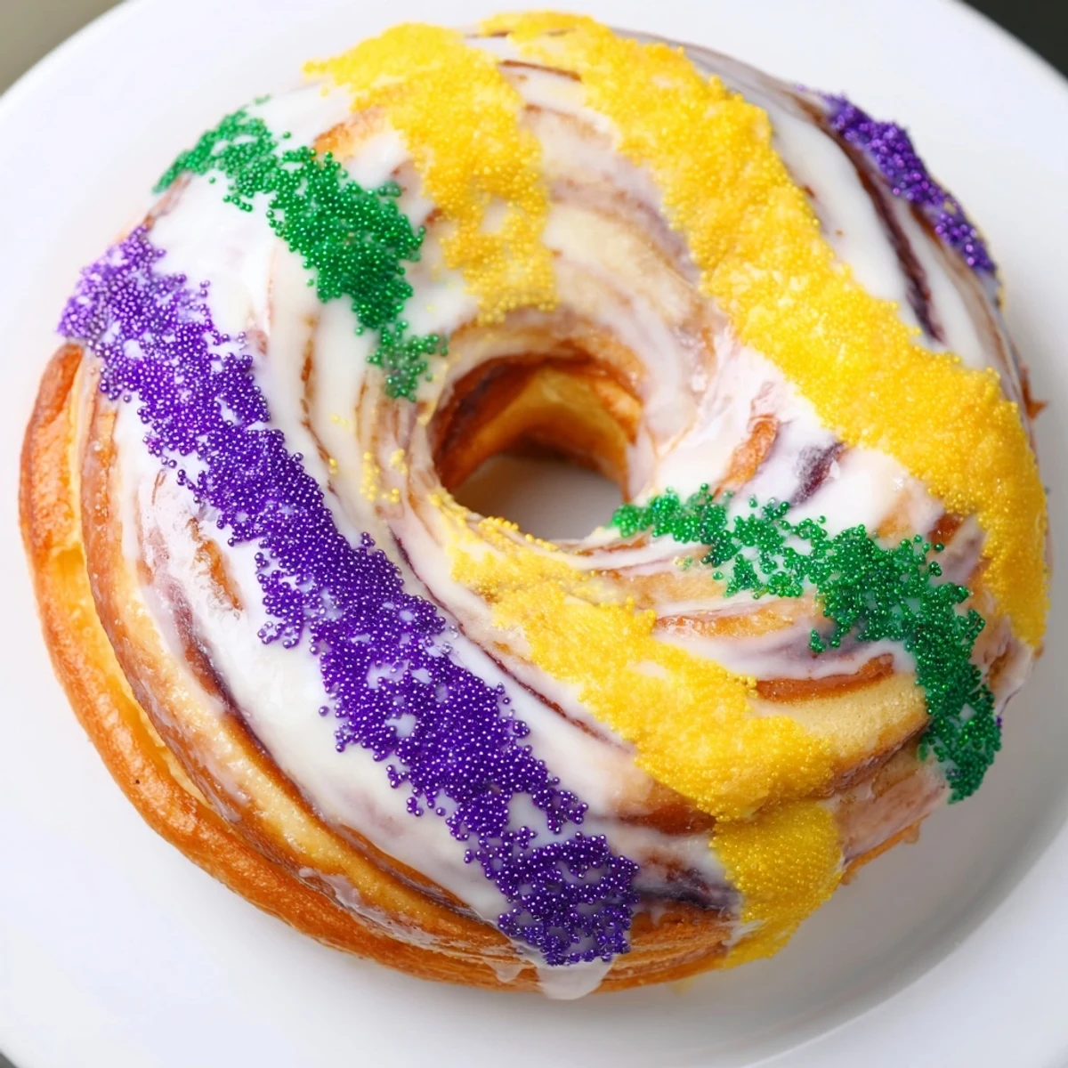 Mardi Gras King Cake Donuts rest on a wire cooling rack with vibrant colored sugars sparkling under bright light.