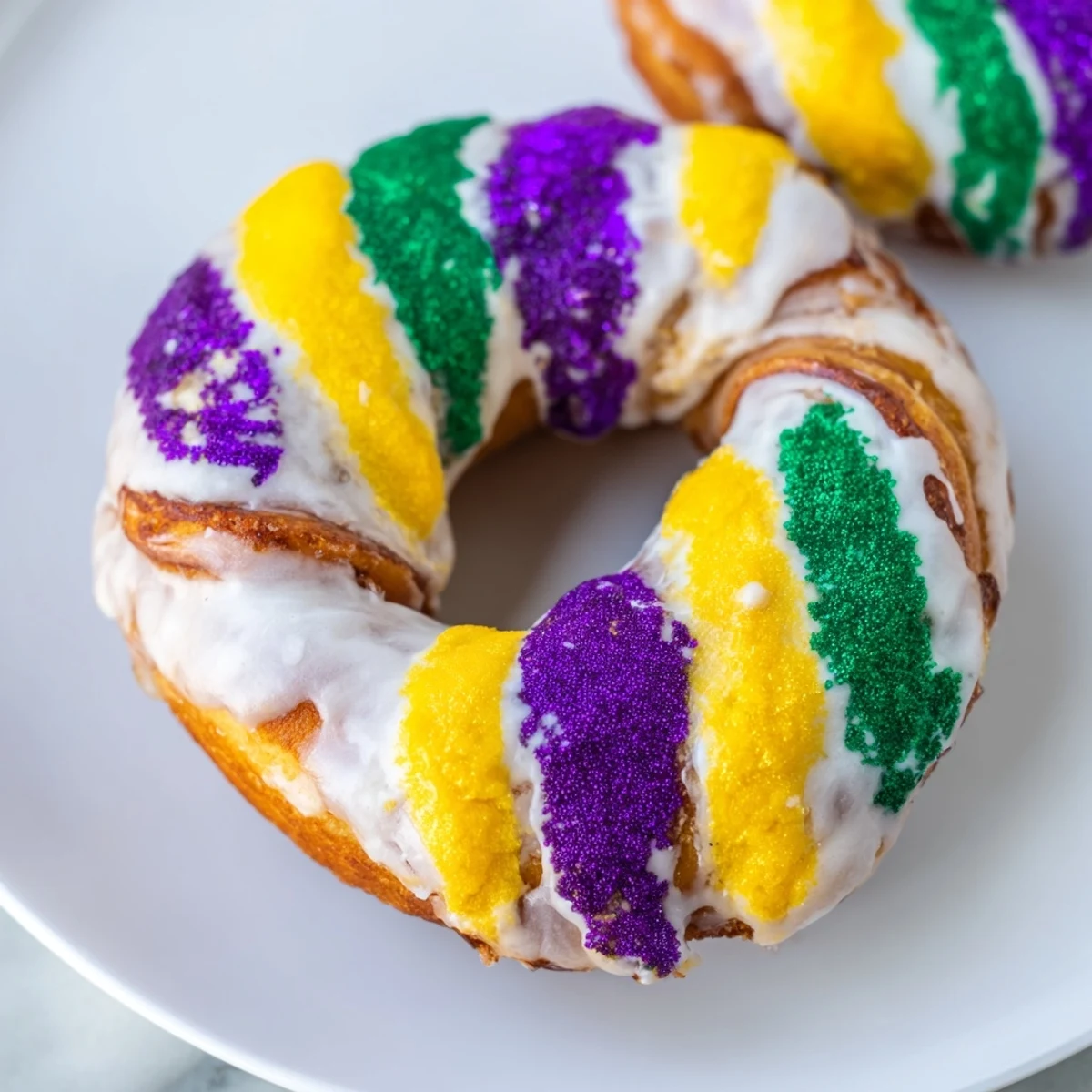 Freshly glazed Mardi Gras King Cake Donuts plated with chicory coffee for a festive New Orleans inspired dessert treat.