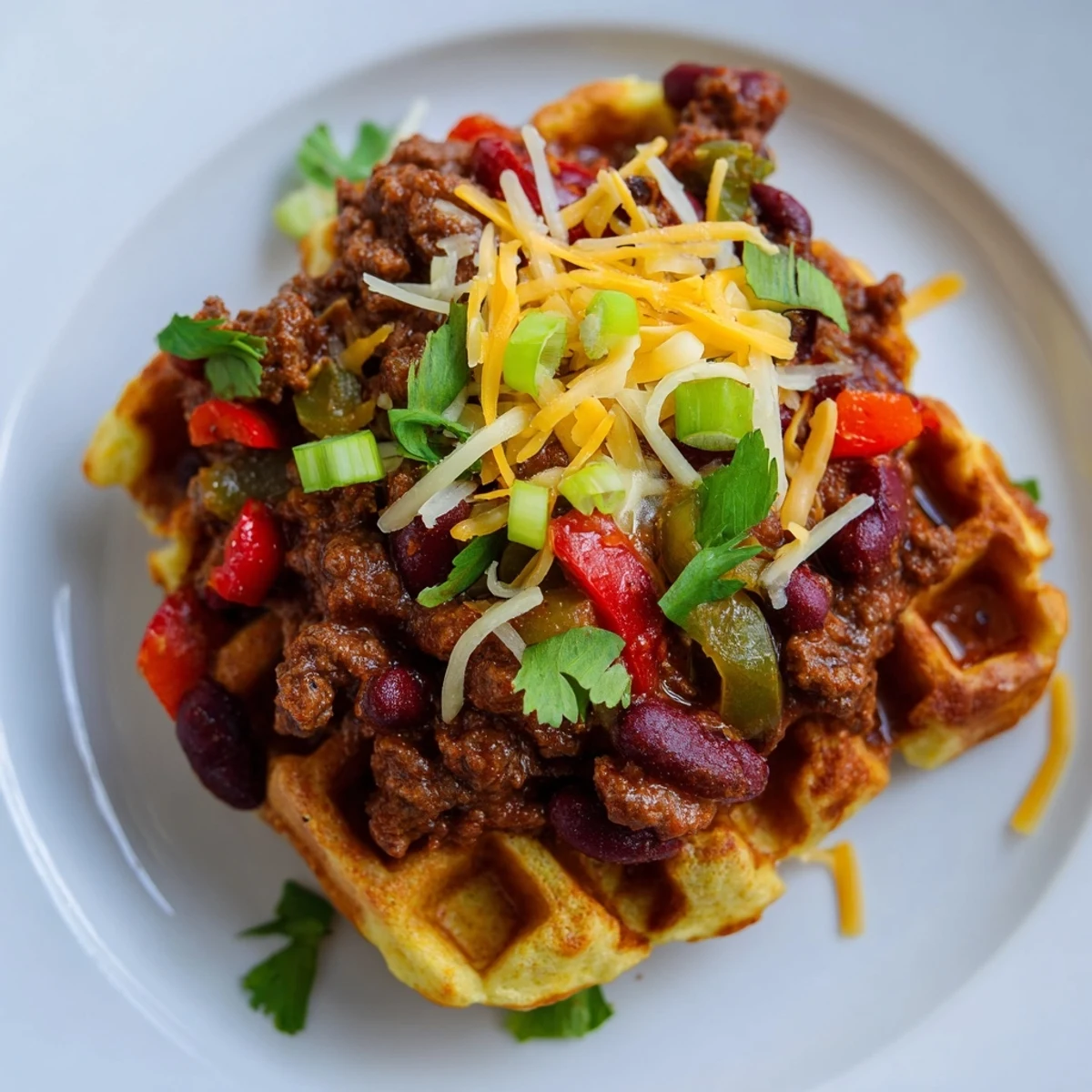 Golden cornbread waffles topped with a hearty beef chili garnished with green onions and cilantro, creating a comforting and flavorful American meal.