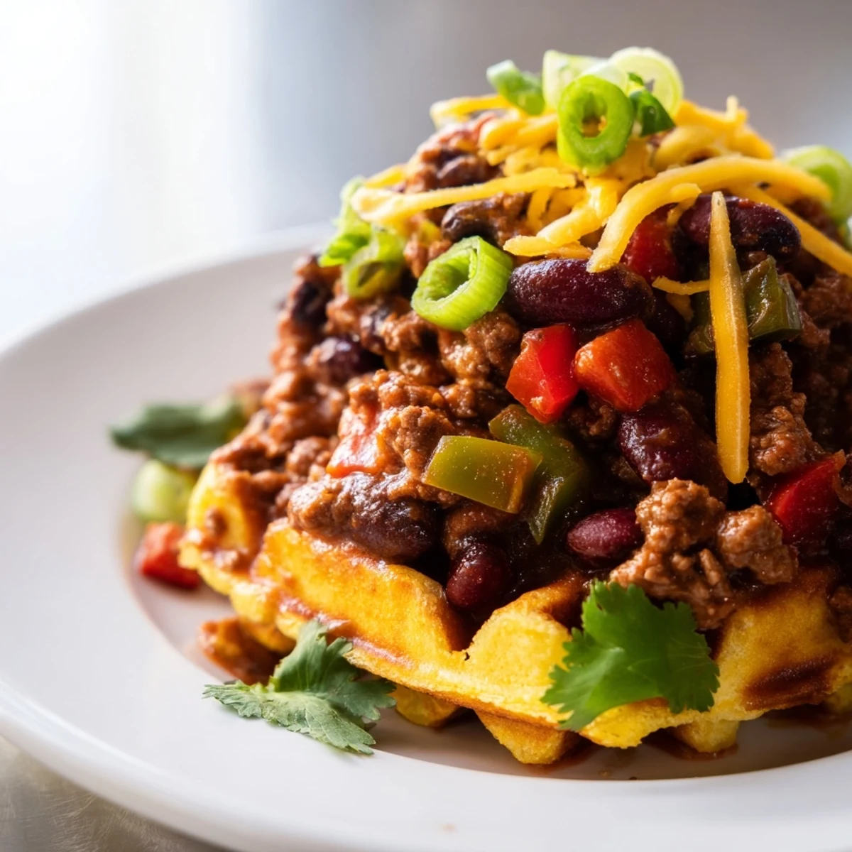 A slice of beef chili with cornbread waffles rests on a plate, the golden waffle base soaking up the thick, spicy chili and melted cheddar.