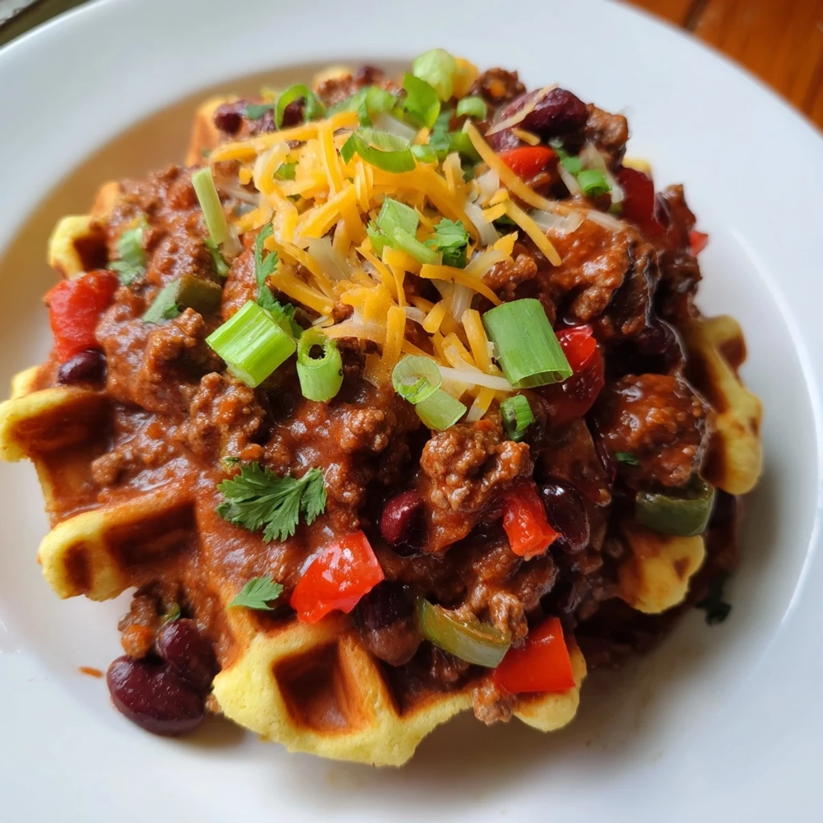 A close-up of the beef chili with cornbread waffles, showcasing the tender beef and beans sitting atop a crisp, fluffy waffle grid.