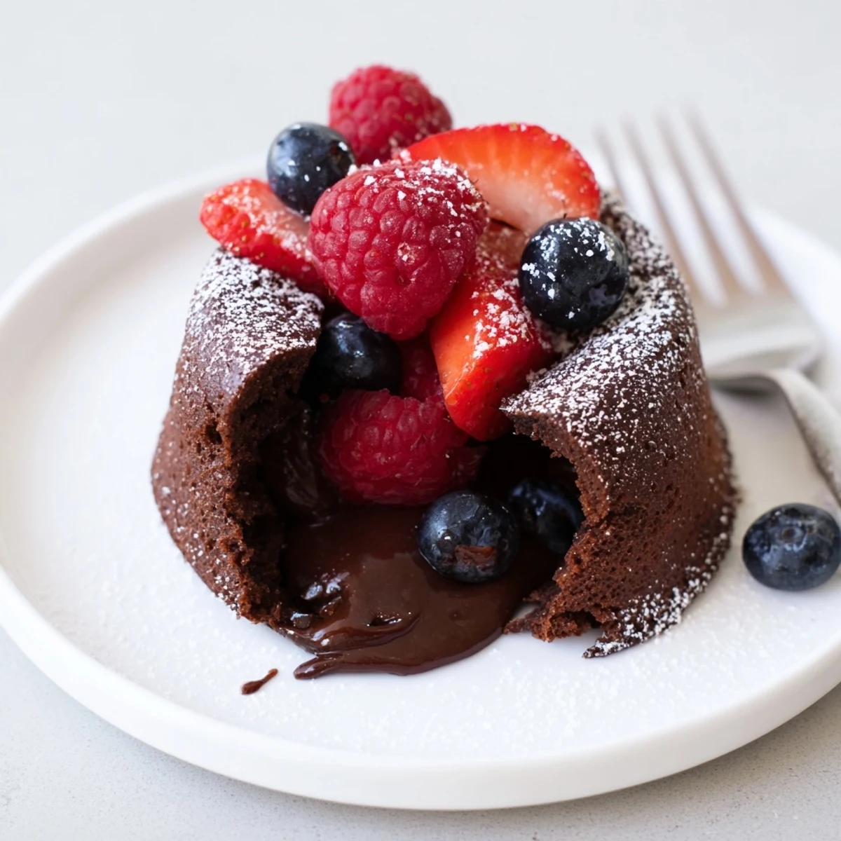 Decadent Valentine Chocolate Lava Cake topped with mixed berries, ready to serve for a romantic dessert.