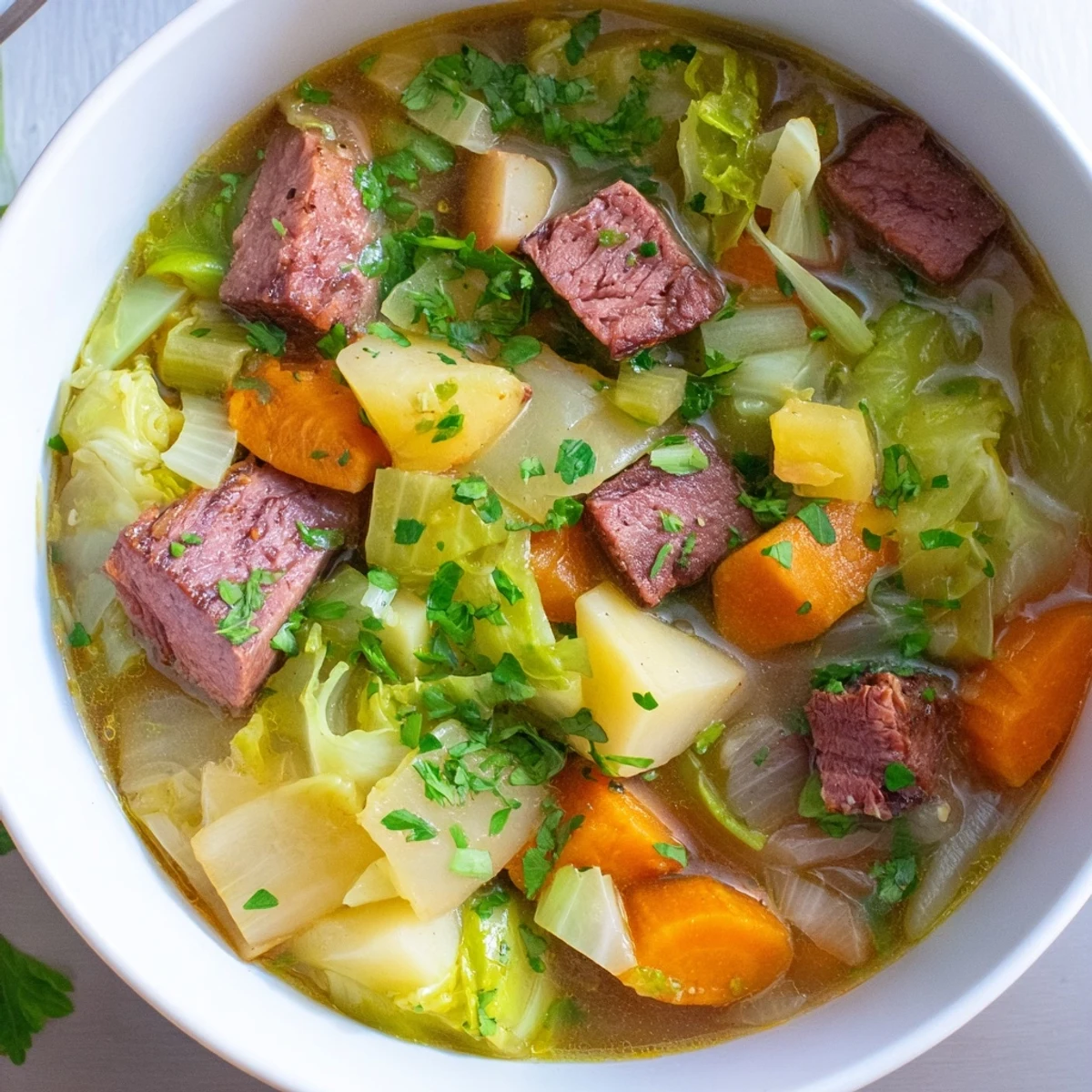 Hearty Corned Beef and Cabbage Soup with Potatoes steaming in a rustic bowl, garnished with fresh parsley.  