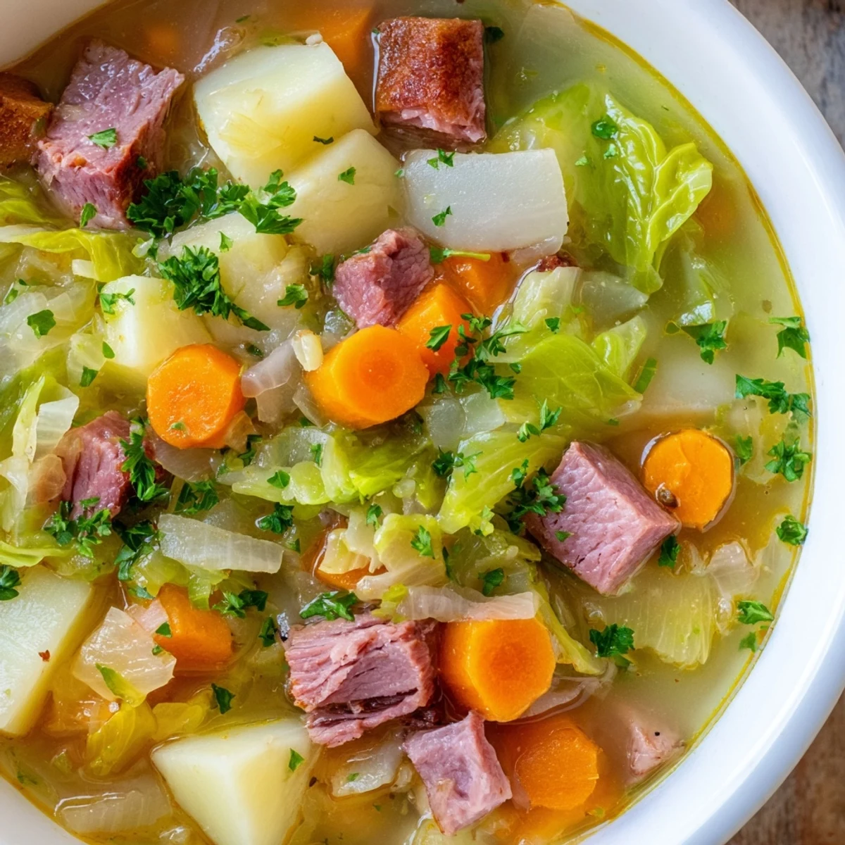 Serving suggestion for Corned Beef and Cabbage Soup with Potatoes, paired with crusty bread on the side.