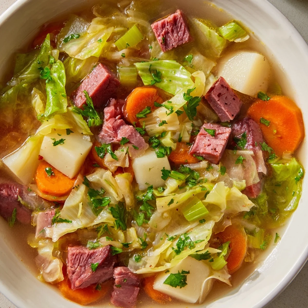 A close-up of Corned Beef and Cabbage Soup with Potatoes, featuring tender chunks and vibrant vegetables.  
