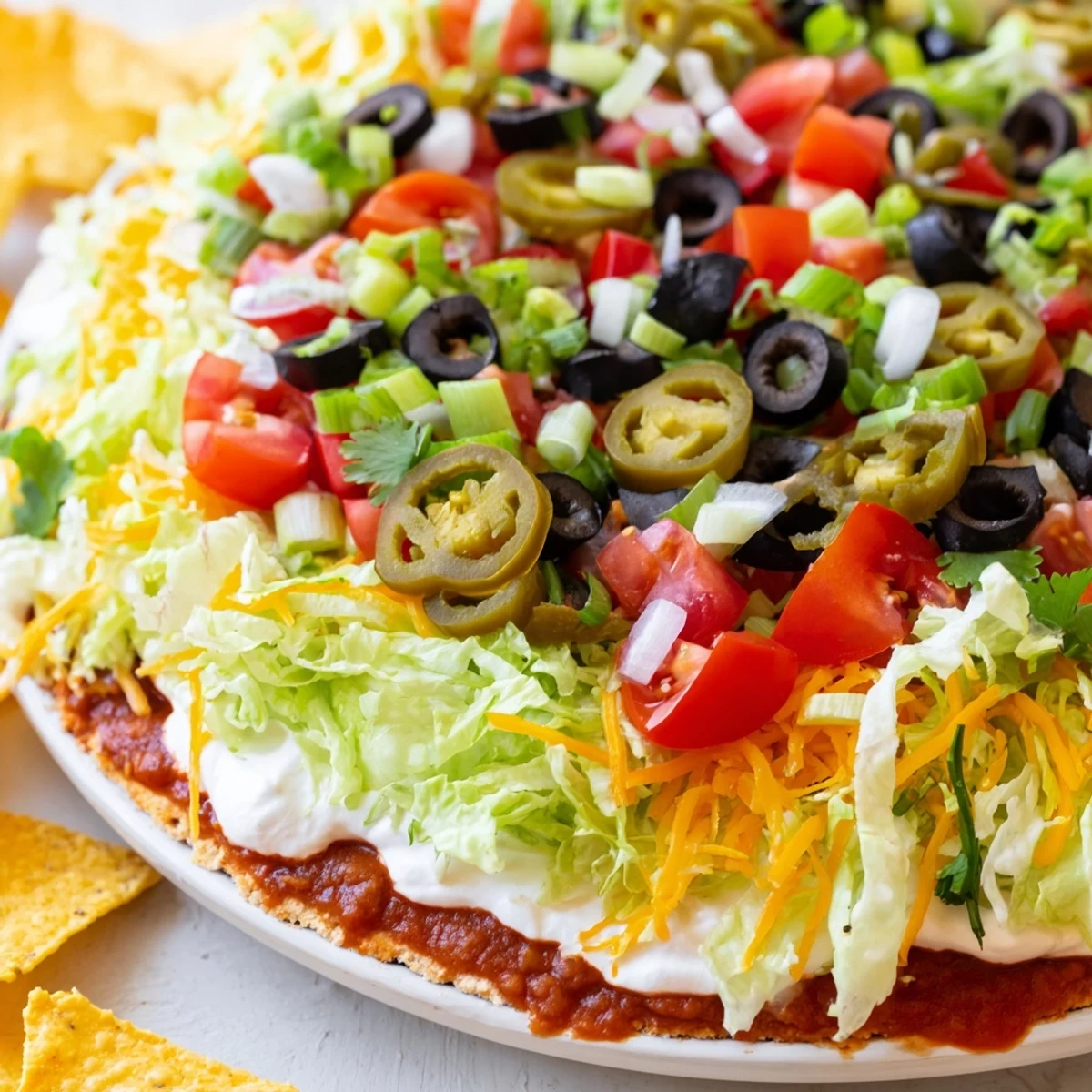 A top-down view of the Ultimate Layered Taco Dip, with visible layers of refried beans, creamy mixture, and fresh toppings alongside a basket of tortilla chips.