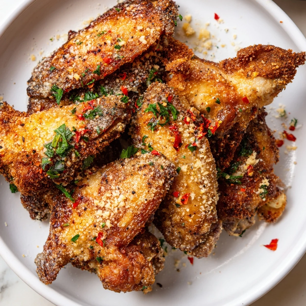 Golden brown Crispy Baked Chicken Wings with Garlic Parmesan rest on a wire rack, showcasing their seasoned, crunchy texture.