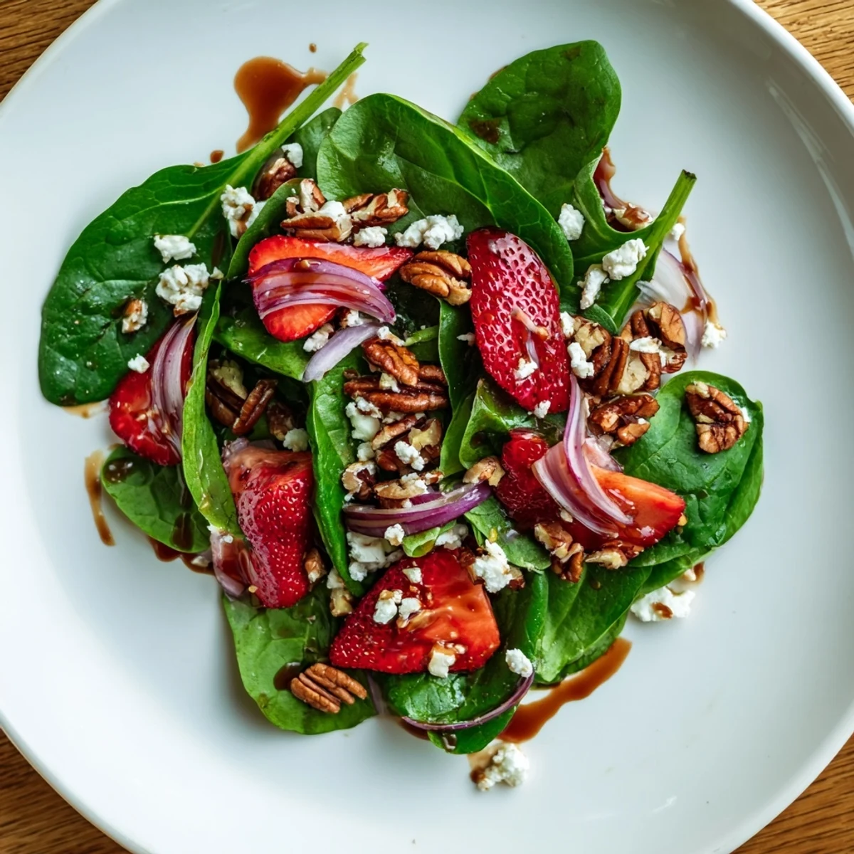 A vibrant bowl of Strawberry Spinach Salad with Balsamic Vinaigrette, featuring sliced fresh strawberries and crumbled feta cheese on tender spinach leaves.  