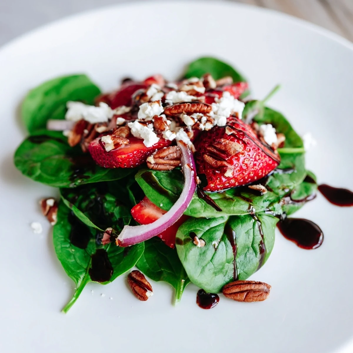 Close-up of Strawberry Spinach Salad with Balsamic Vinaigrette, highlighting juicy strawberry halves and feta over a bed of fresh baby spinach leaves.