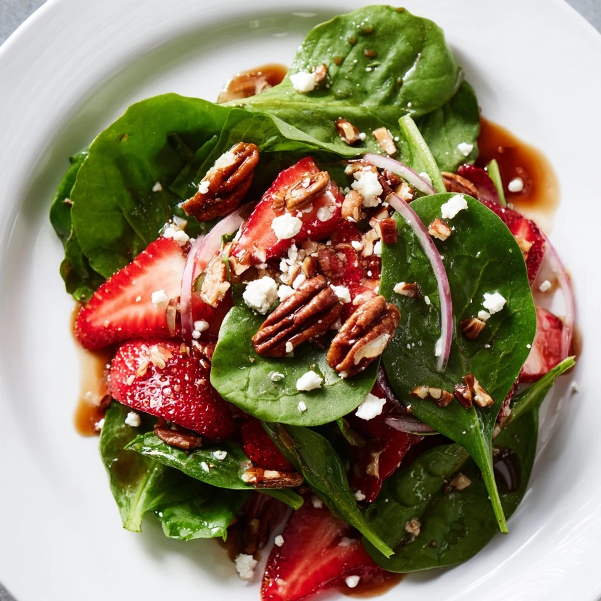 This refreshing Strawberry Spinach Salad with Balsamic Vinaigrette showcases crunchy pecans and thin red onion slices, tossed in a glossy homemade dressing.  