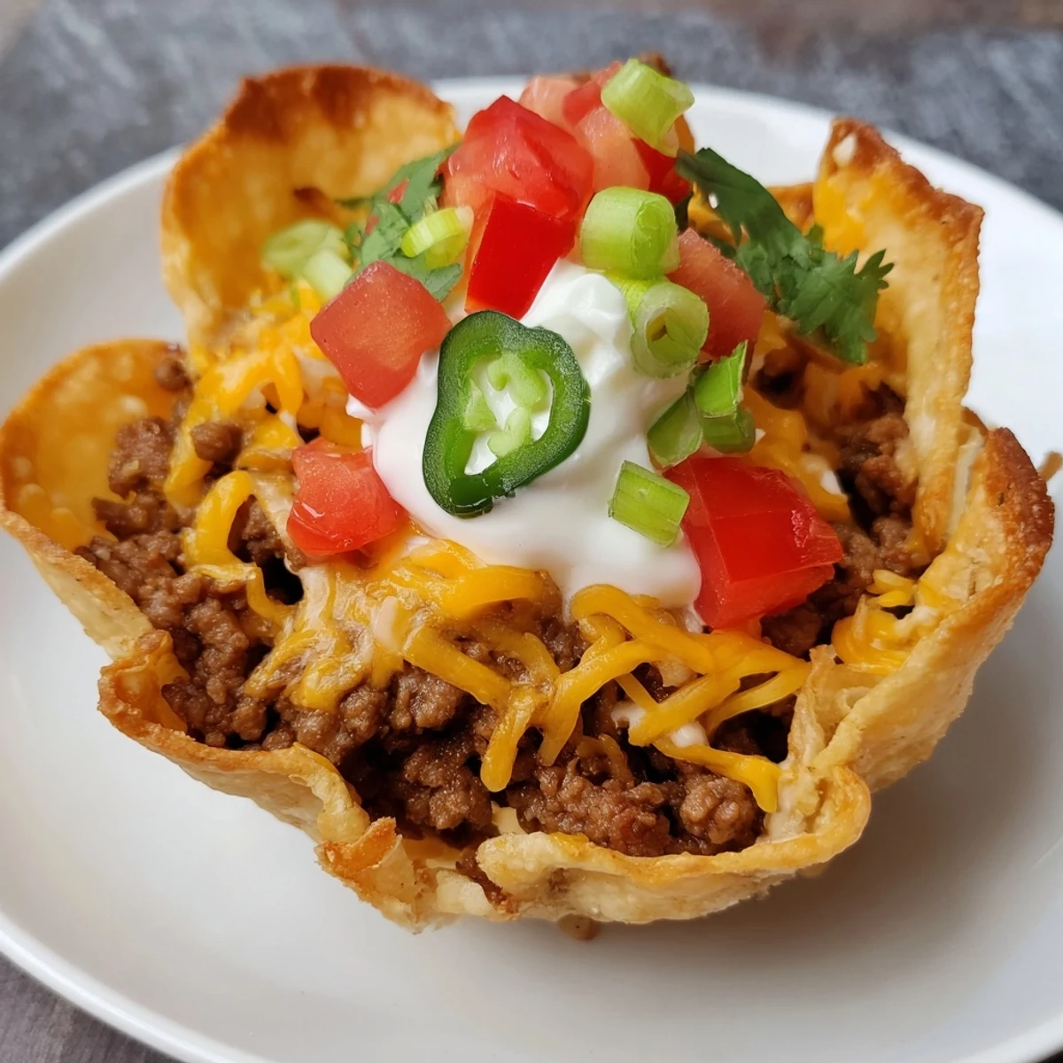 Freshly baked Taco Cups with ground beef, topped with sour cream and cilantro.